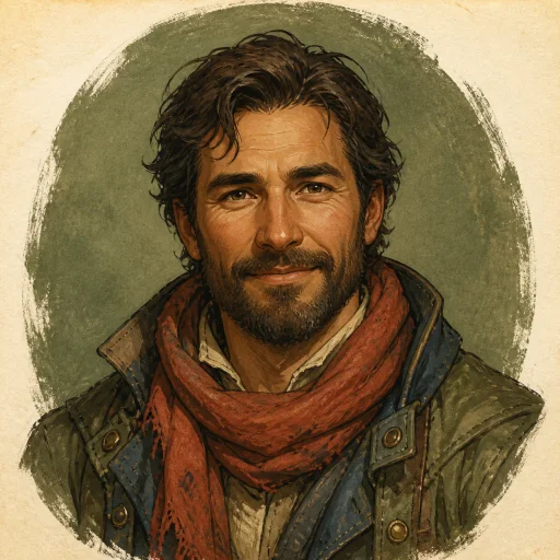 Adult trail guide in a red scarf, painted in ink and gouache